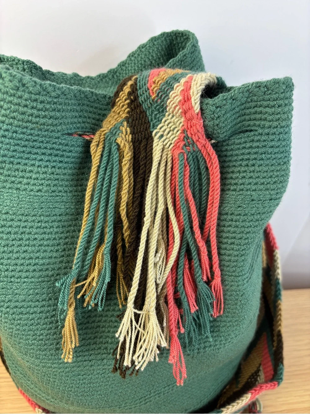 Wayuu Mochila Green Woven‎ Bucket Bag with Multicolor Strap & Tassels